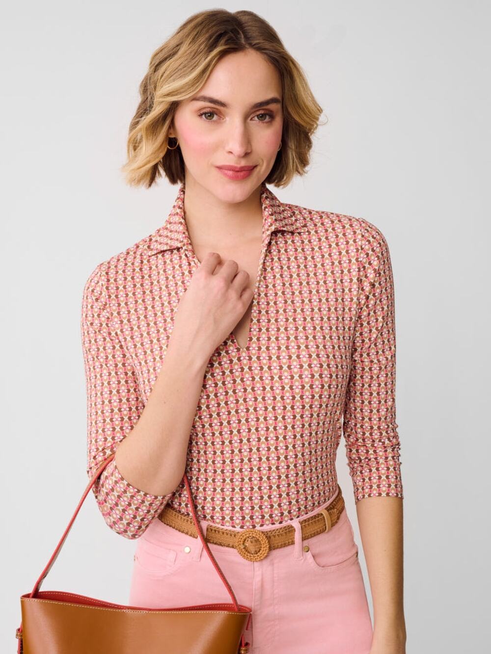 NWT J.McLaughlin Aida 3/4 Sleeve Geo Blooms Top Pink Brown Size XL